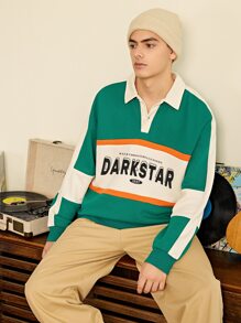 Hombres Sudadera con estampado de letra de color combinado de hombros caídos - Multicolor - Ver 1