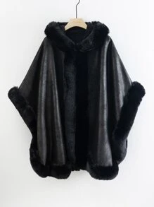 1 件女士加厚保暖内衬麂皮披肩外套，配有隐形扣、衣领和兜帽，适合秋冬季日常穿着 - 黑色 - 查看 1