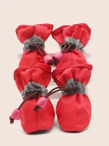 4pcs Two Tone Drawstring Detail Pet Shoes - Red - View 2