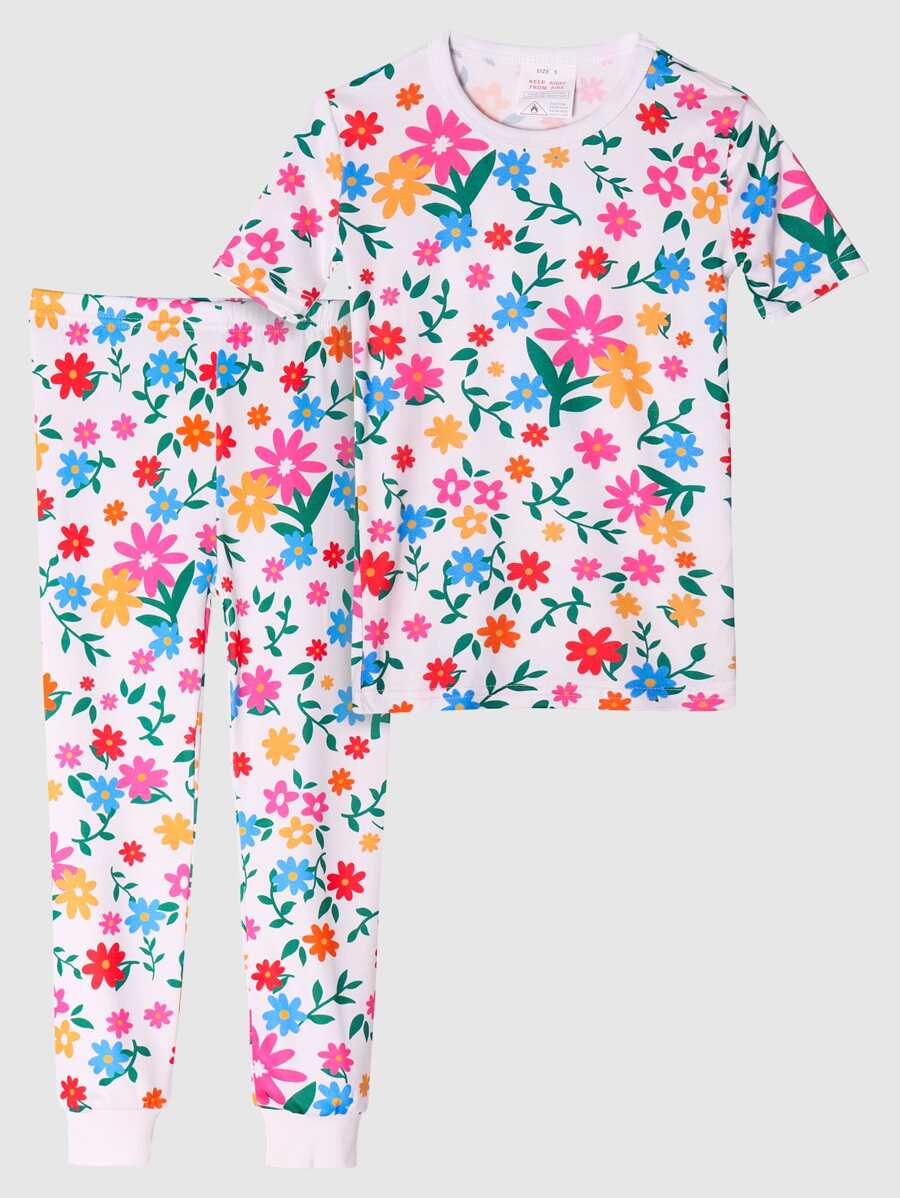 Girls Floral Print Snug Fit PJ Set - Multicolor - View 1