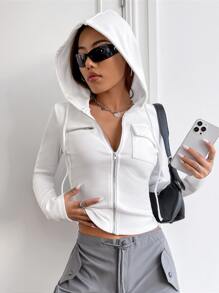 SHEIN EZwear Flap Pocket Zip Up Drawstring Hooded Jacket - White - View 5