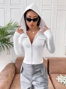 SHEIN EZwear Flap Pocket Zip Up Drawstring Hooded Jacket - White - View 6