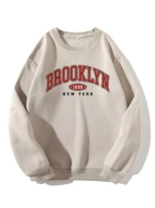 SHEIN EZwear Letter Graphic Thermal Lined Sweatshirt - Apricot - View 1