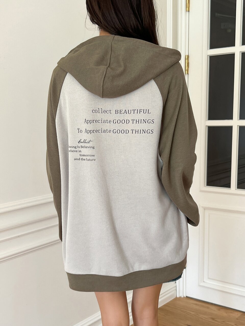 Slogan Graphic Colorblock Raglan Sleeve Zip Up Drawstring Hoodie