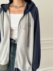 DAZY Slogan Graphic Colourblock Raglan Sleeve Zip Up Drawstring Hoodie - Navy Blue - View 3