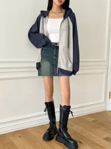 DAZY Slogan Graphic Colourblock Raglan Sleeve Zip Up Drawstring Hoodie - Navy Blue - View 5