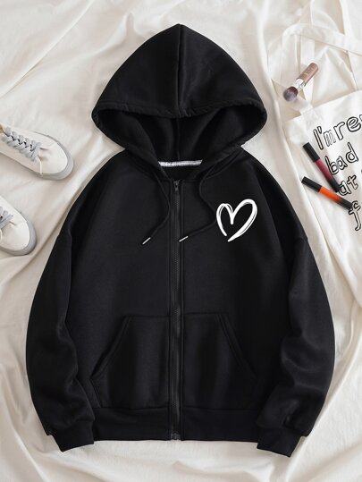 Heart Print Zipper Drawstring Warm Lined Hoodie, Long Sleeve Top