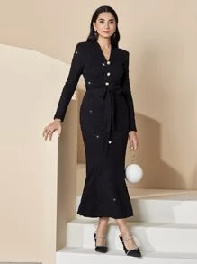 Modelyn Button Front Shoulder Pad Belted Mermaid Hem Dress - Black - View 4