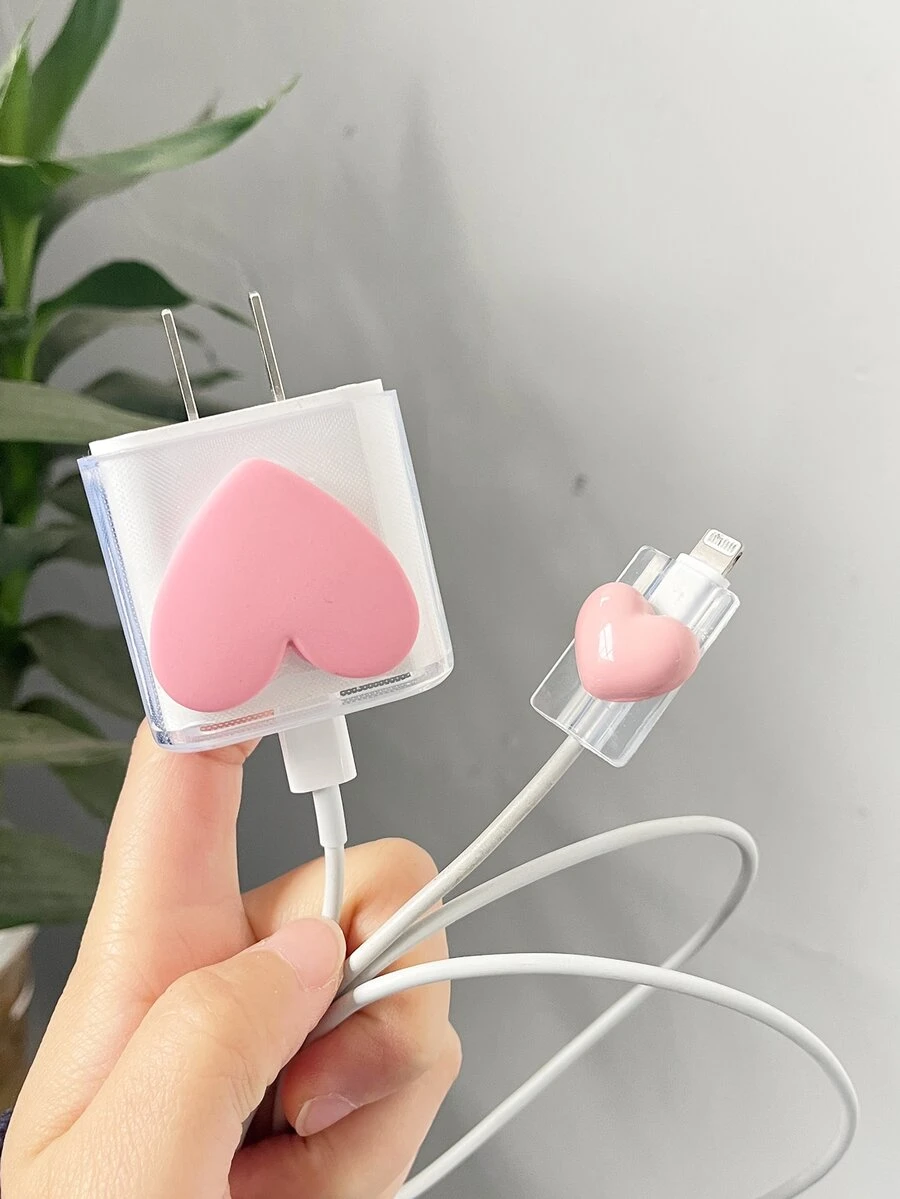 2pcs Heart Decor Data Cable Protector & Charger Head Cover Set SHEIN UK