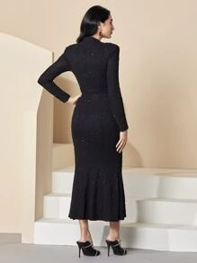 Modelyn Button Front Shoulder Pad Belted Mermaid Hem Dress - Black - View 2