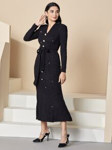 Modelyn Button Front Shoulder Pad Belted Mermaid Hem Dress - Black - View 1