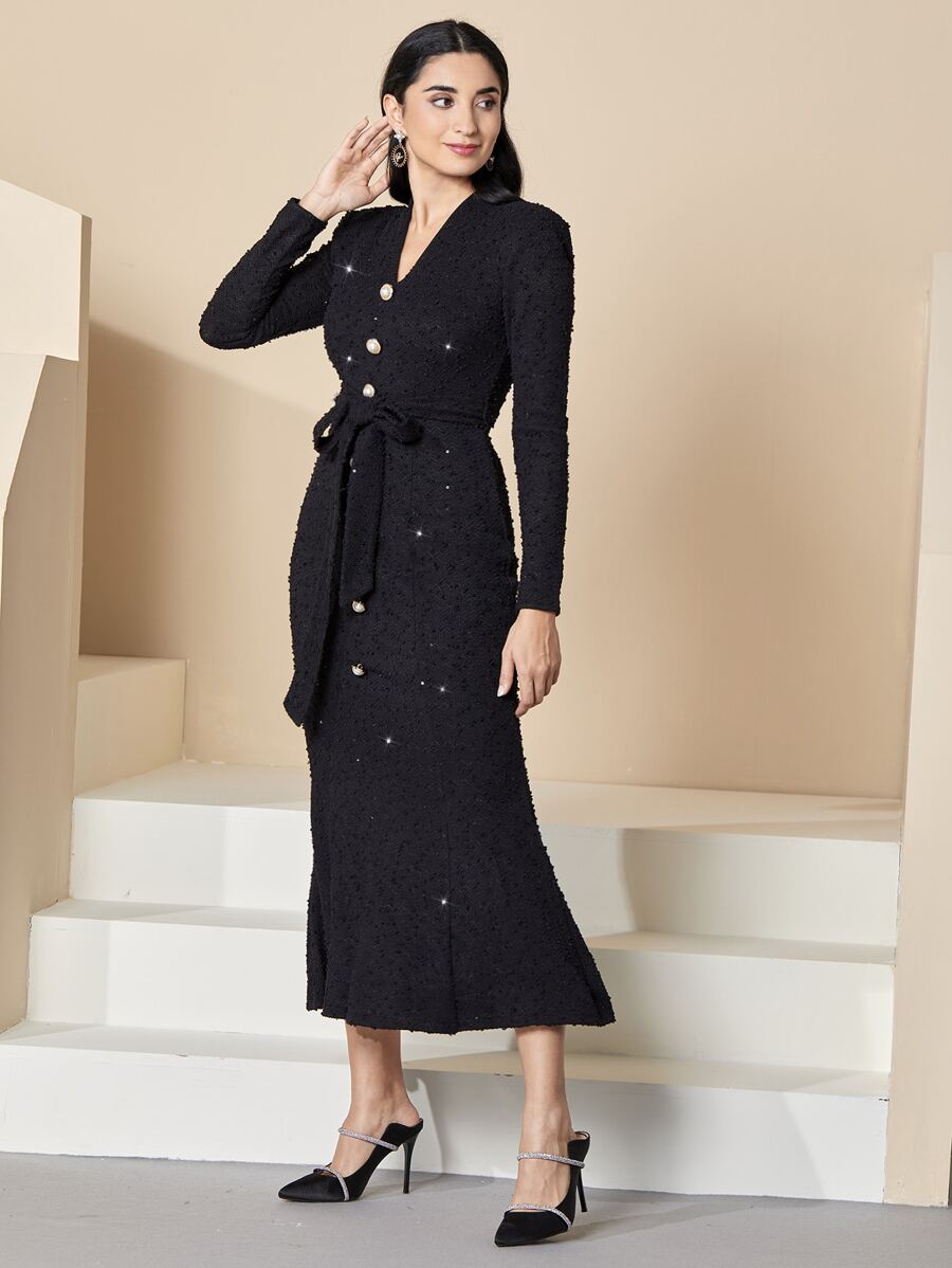 Modelyn Button Front Shoulder Pad Belted Mermaid Hem Dress - Black - View 1