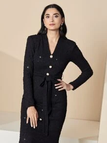 Modelyn Button Front Shoulder Pad Belted Mermaid Hem Dress - Black - View 3