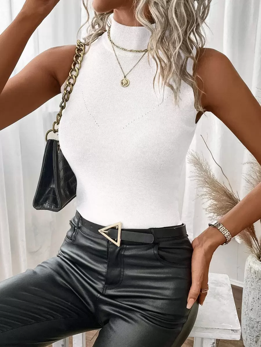 SHEIN Essnce Solid Mock Neck Knit Top - White - View 1