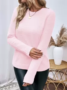EMERY ROSE Jersey de cuello redondo liso, parte superior de manga larga de punto, jersey de punto para otoño e invierno - Rosa - Ver 5