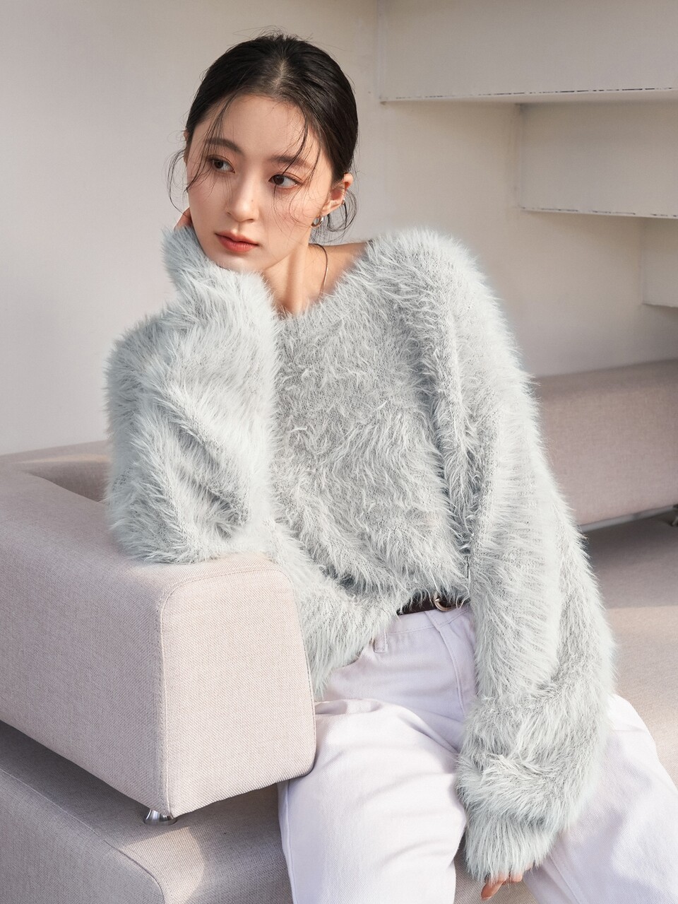 Solid Drop Shoulder Fuzzy Sweater