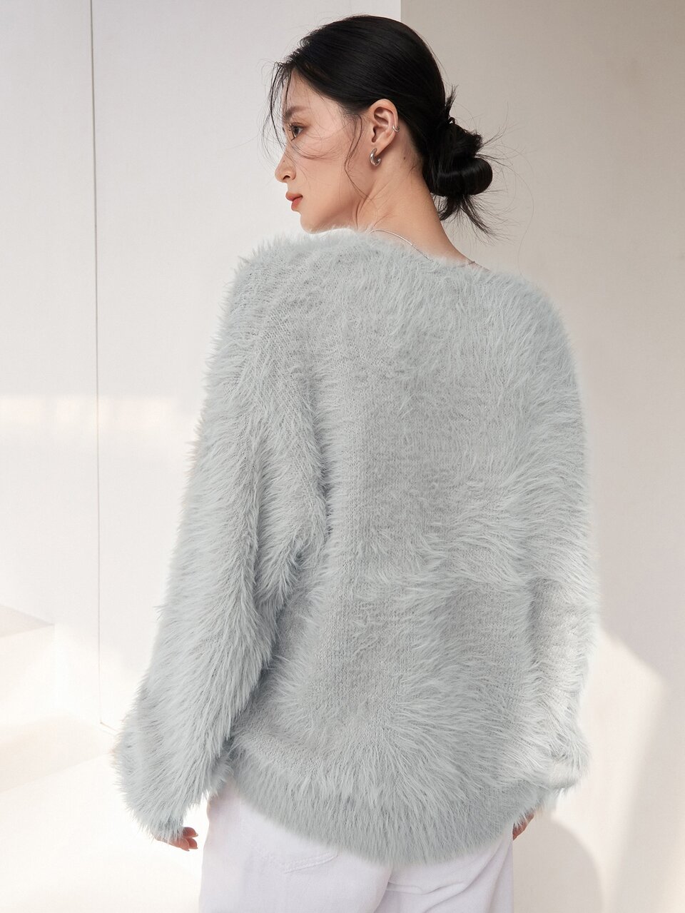 Solid Drop Shoulder Fuzzy Sweater