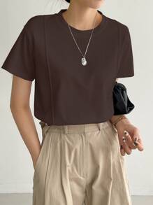 DAZY 纯色接缝细节T恤，商务休闲女装 - 鏽棕色 - 查看 2