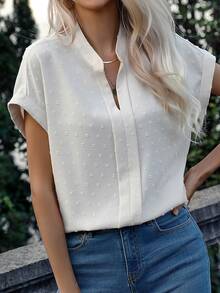 SHEIN LUNE 圓點缺口領蝙蝠袖襯衫 - 杏色 - 查看 3