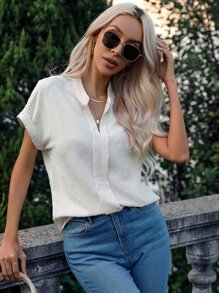 SHEIN LUNE 圓點缺口領蝙蝠袖襯衫 - 杏色 - 查看 5