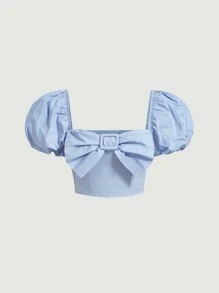 SHEIN MOD Bow Front Puff Sleeve Crop Blouse - Baby Blue - View 1