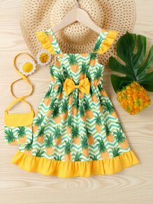 SHEIN Toddler Girls Chevron And Pineapple Print Ruffle Trim Bow Front Dress With Accessory Bag - Multicolor - View 1