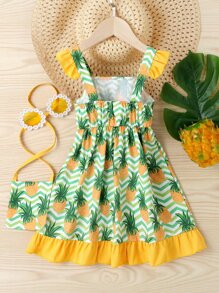 SHEIN Toddler Girls Chevron And Pineapple Print Ruffle Trim Bow Front Dress With Accessory Bag - Multicolor - View 2
