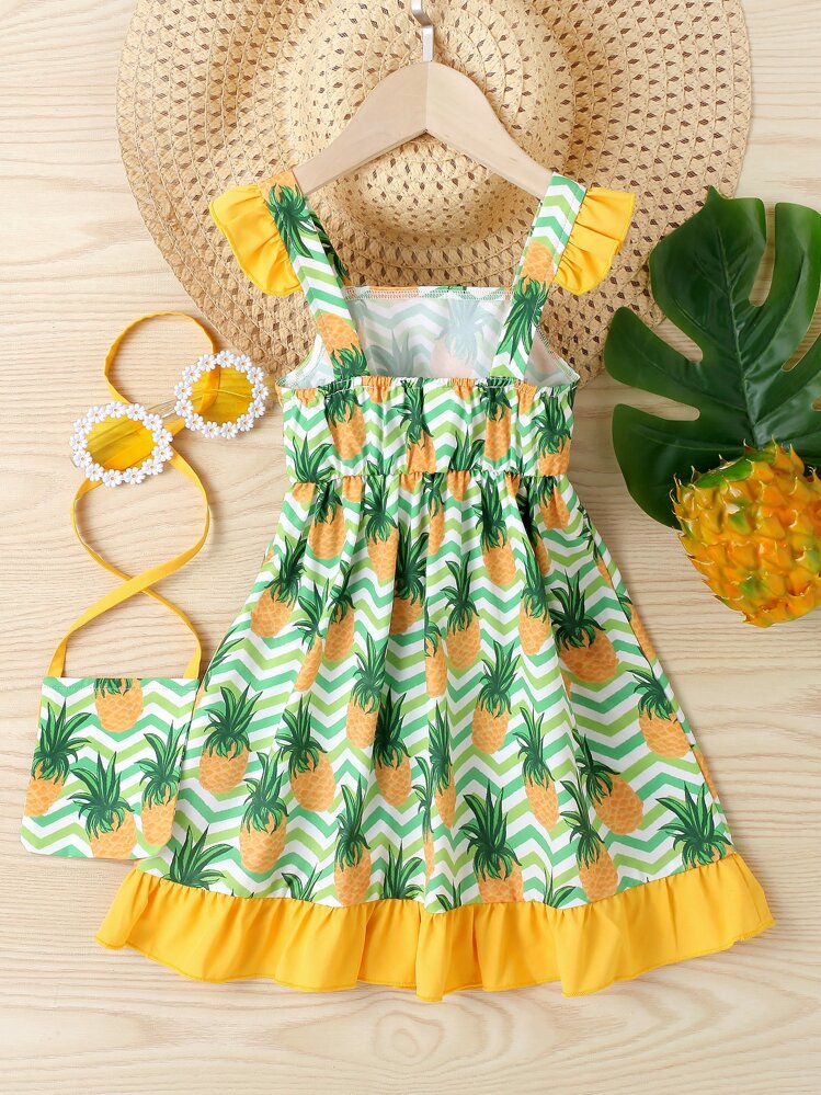 SHEIN Niñas de cheurón con con estampado de piña ribete con fruncido con lazo delantero Vestido con Accesorio Bolso - Multicolor - Añade 2