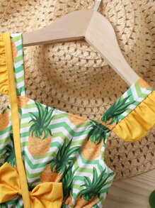 SHEIN Toddler Girls Chevron And Pineapple Print Ruffle Trim Bow Front Dress With Accessory Bag - Multicolor - View 3