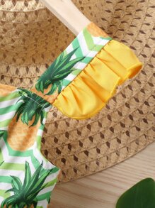 SHEIN Toddler Girls Chevron And Pineapple Print Ruffle Trim Bow Front Dress With Accessory Bag - Multicolor - View 4