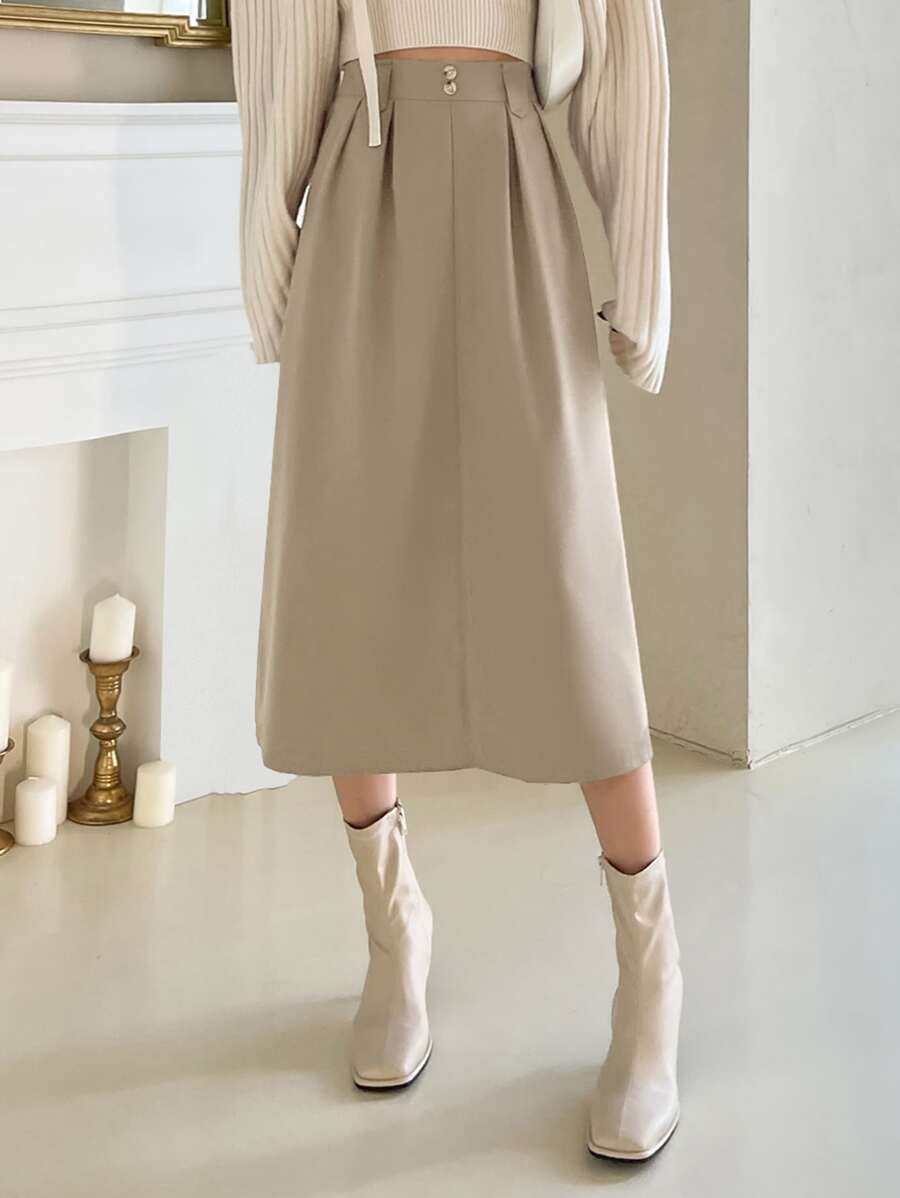DAZY High Waist Plicated Detail Fake Button Skirt - Beige - View 1