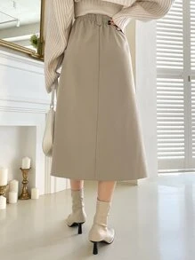 DAZY High Waist Plicated Detail Fake Button Skirt - Beige - View 2