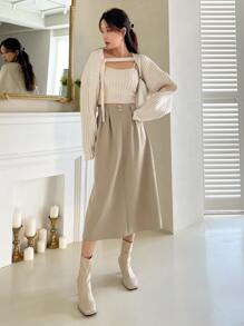 DAZY High Waist Plicated Detail Fake Button Skirt - Beige - View 3