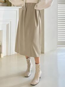 DAZY High Waist Plicated Detail Fake Button Skirt - Beige - View 5