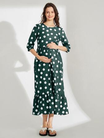 孕婦荷葉邊波卡圓點連衣裙