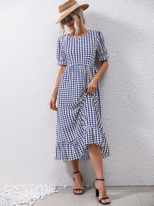 SHEIN VCAY 滿版圖案荷葉邊連衣裙 - 藍白色 - 查看 1