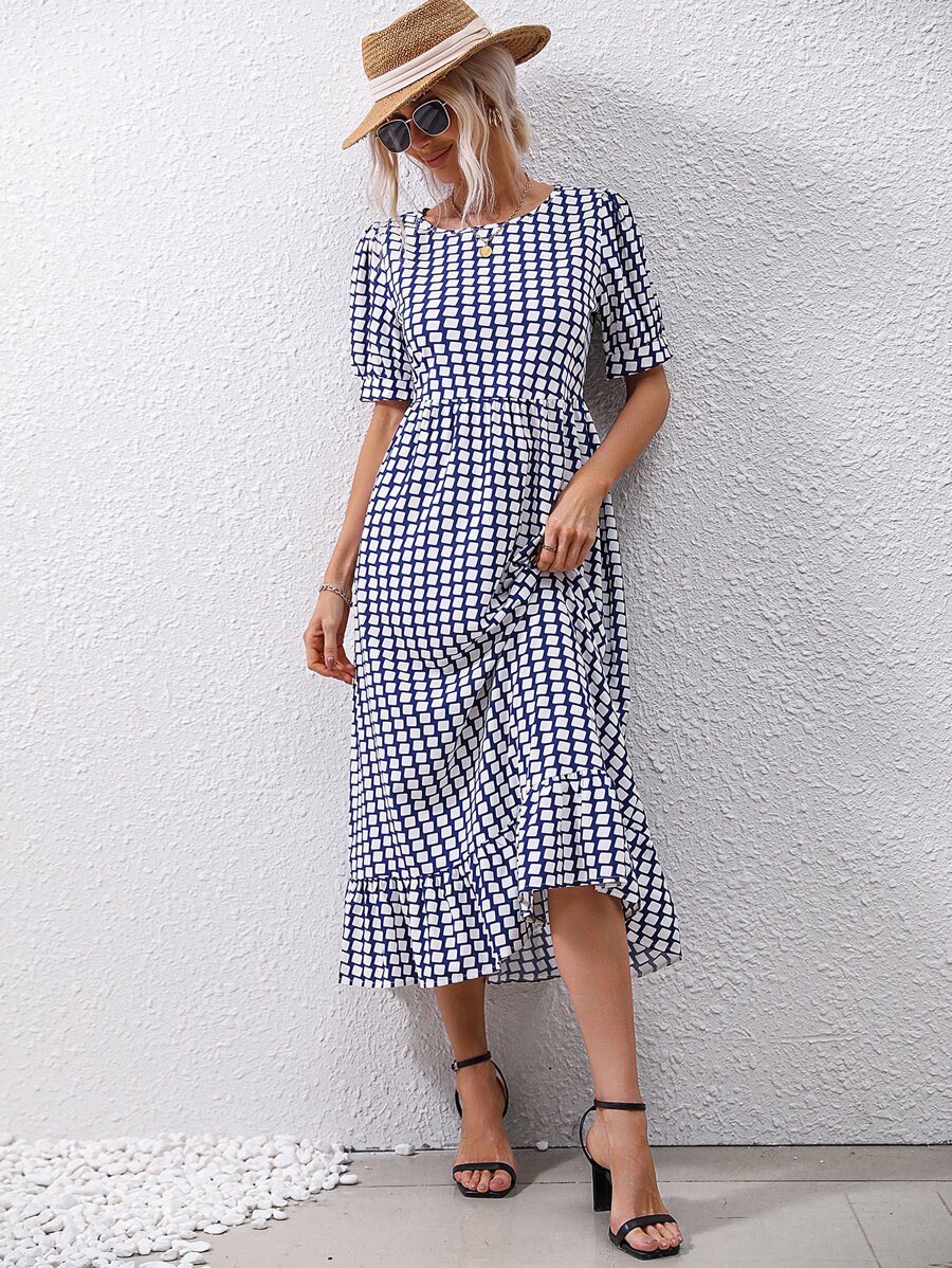 SHEIN VCAY 滿版圖案荷葉邊連衣裙 - 藍白色 - 查看 1