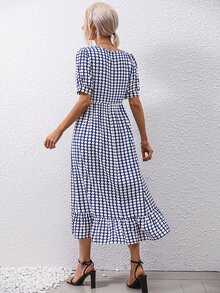 SHEIN VCAY 滿版圖案荷葉邊連衣裙 - 藍白色 - 查看 2