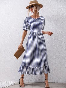 SHEIN VCAY 滿版圖案荷葉邊連衣裙 - 藍白色 - 查看 5