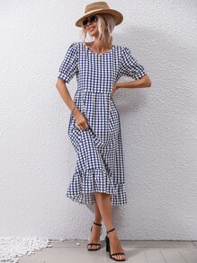 SHEIN VCAY 滿版圖案荷葉邊連衣裙 - 藍白色 - 查看 6