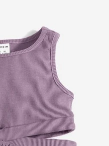 SHEIN Vestido De Bebé Para Niña De Punto Acanalado Con Cortes - Púrpura malva - Ver 3