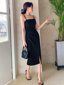 DAZY Vestido de tirantes unicolor fruncido bajo cruzado - Negro - Ver 5