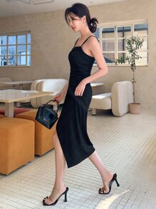 DAZY Vestido de tirantes unicolor fruncido bajo cruzado - Negro - Ver 6