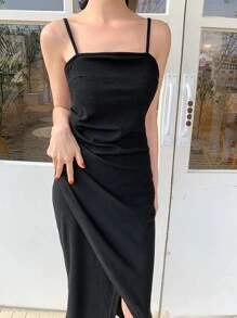 DAZY Vestido de tirantes unicolor fruncido bajo cruzado - Negro - Ver 7