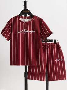 SHEIN Boys Letter Graphic Tee & Striped Shorts Set - Burgundy - View 1