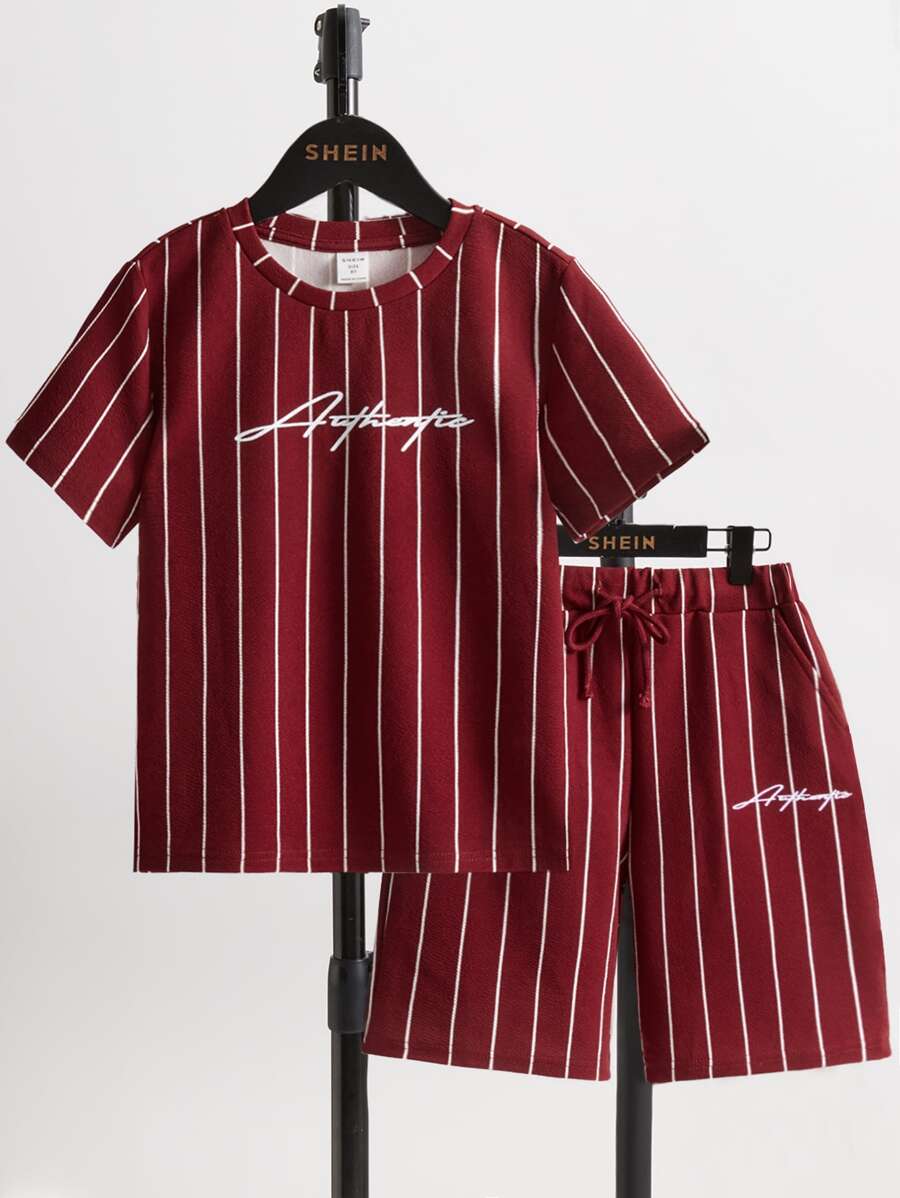 SHEIN Boys Letter Graphic Tee & Striped Shorts Set - Burgundy - View 1