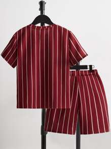 SHEIN Boys Letter Graphic Tee & Striped Shorts Set - Burgundy - View 2