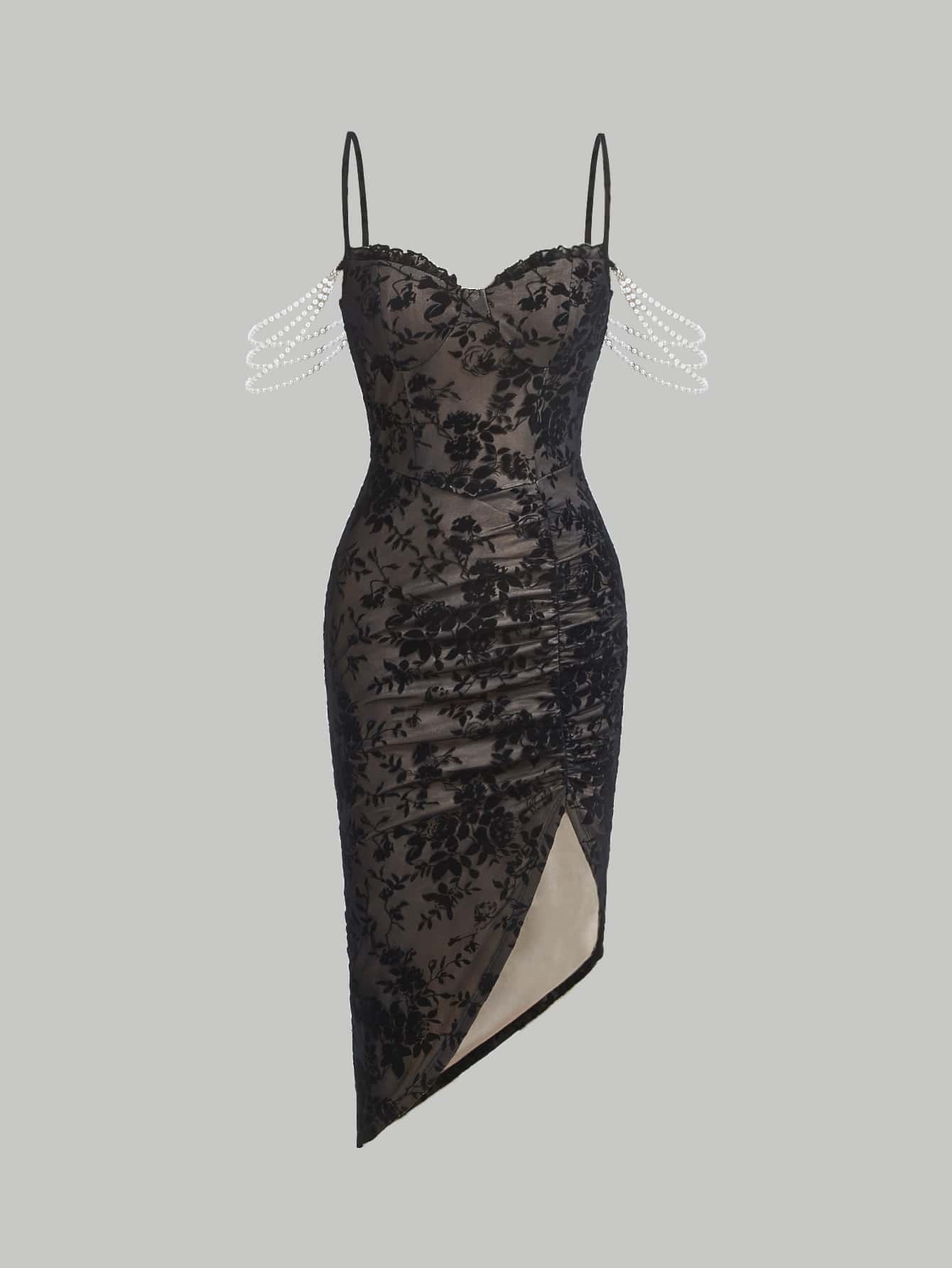 SHEIN MOD Đầm Ngọc trai Chia Hoa Thanh lịch - màu đen - Xem 1