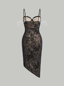 SHEIN MOD Đầm Ngọc trai Chia Hoa Thanh lịch - màu đen - Xem 2