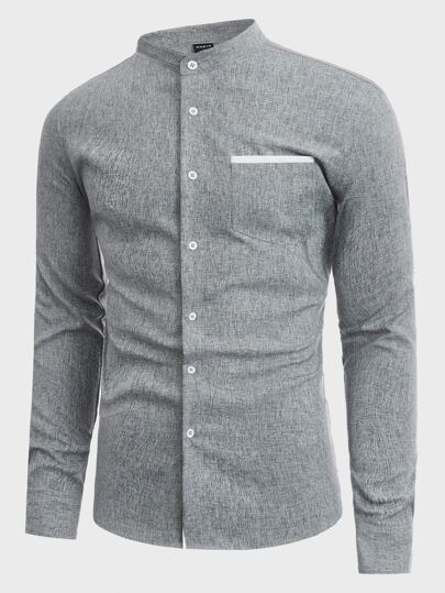 Homme Chemise à bouton à poche à col montant